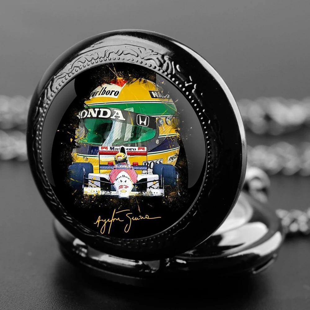 Handcrafted Classic Racing Driver Glass Dome Quartz Pocket Watch Necklace Unisex Accessory Gift