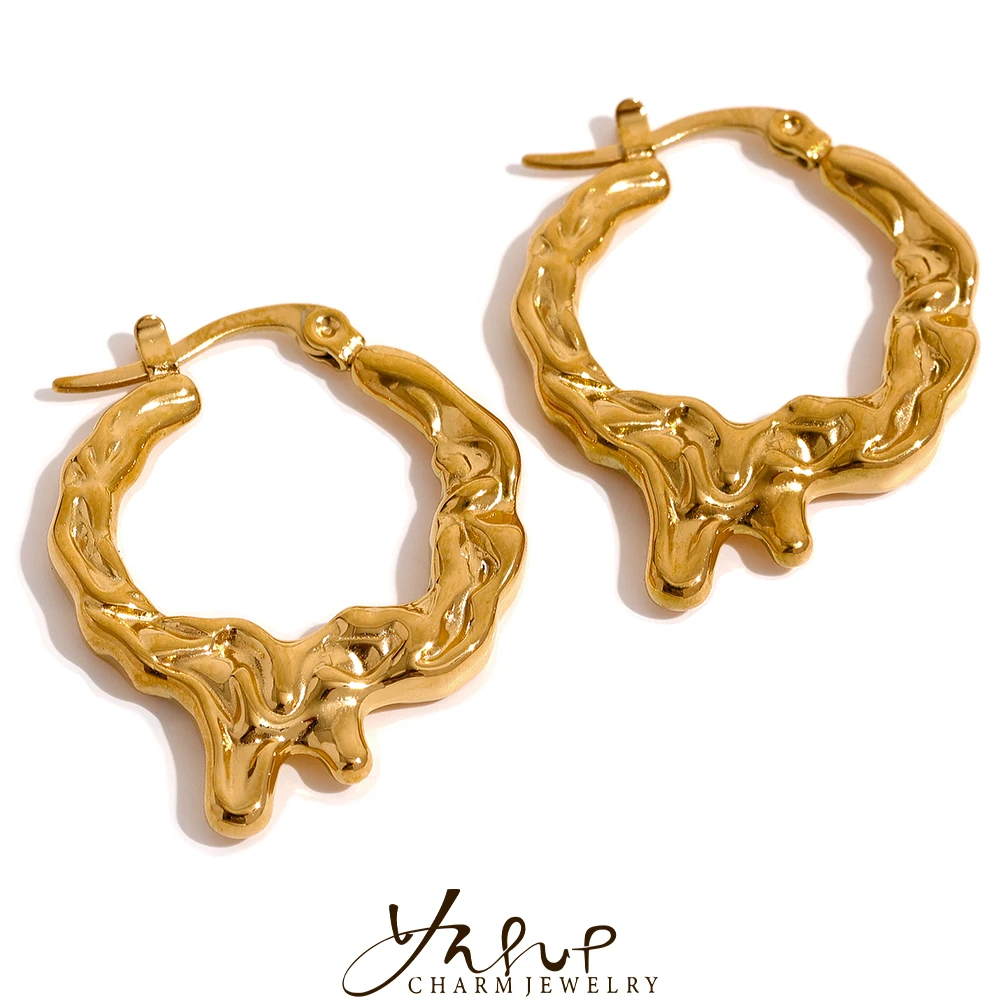 Yhpup Stainless Steel Metal Texture Statement Magma Style Golden Earrings Waterproof Jewelry Women Stylish Unique Accessories