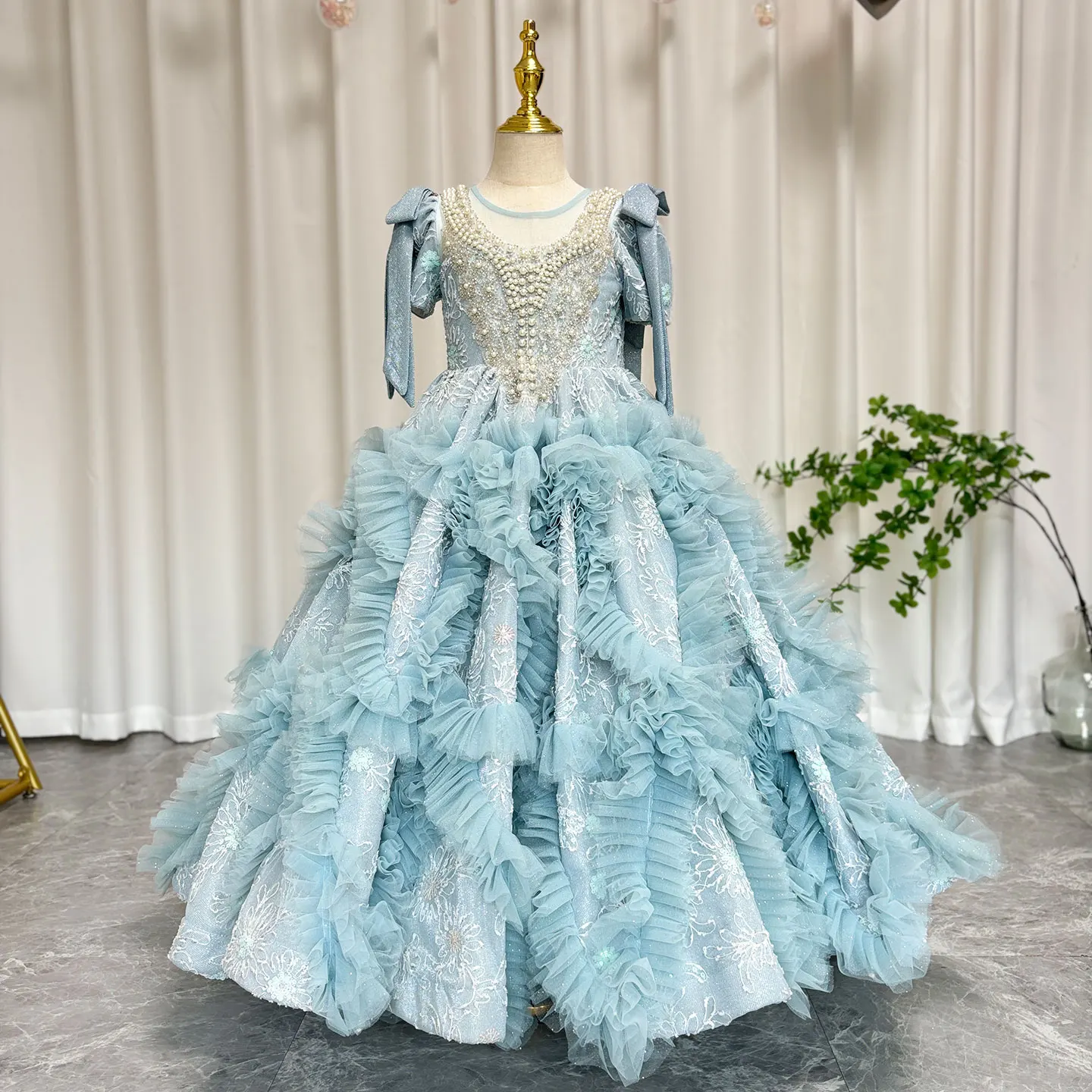 Jill Wish Luxury Arabic Flower Girl Dress Dubai Blue Pearls Beaded Princess Gown for Kid Birthday Wedding Party Pageant J020