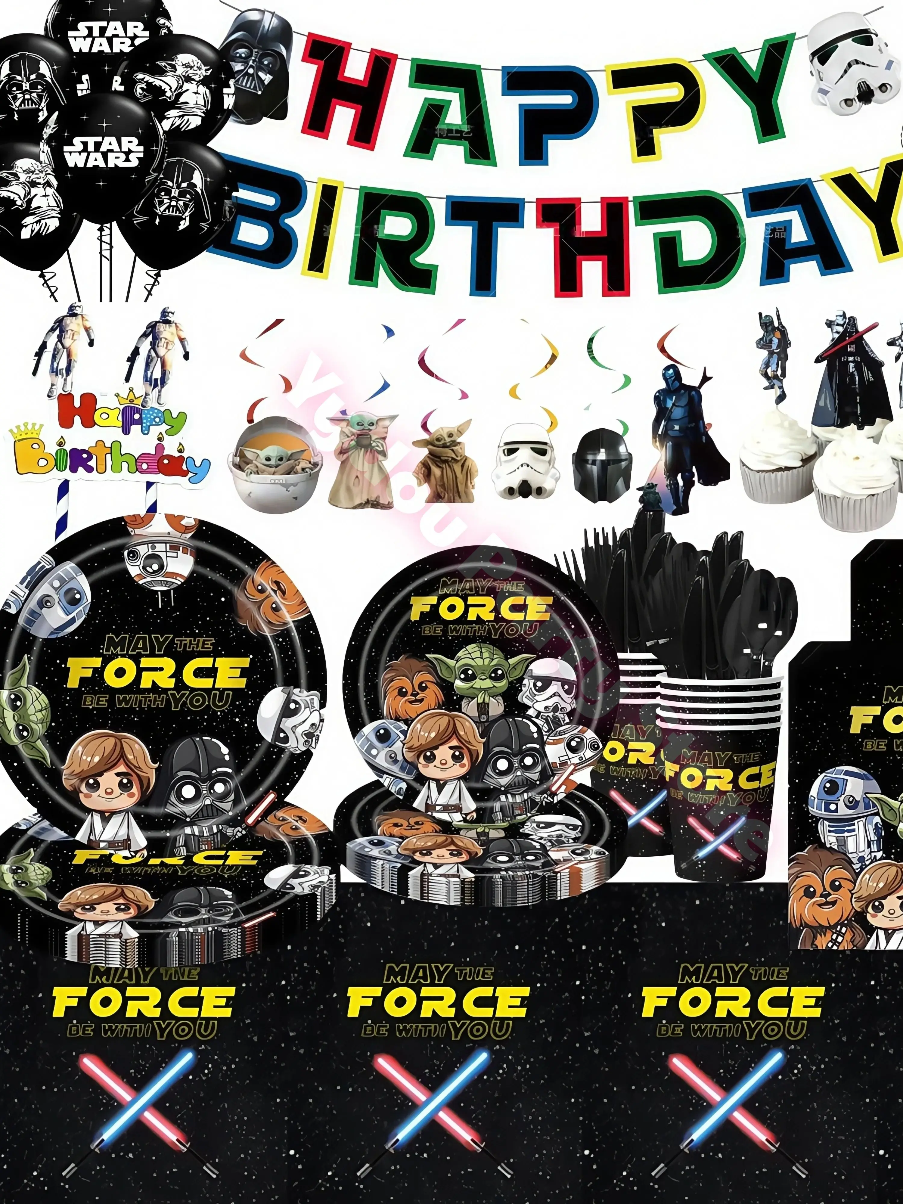 Star Wars Geburtstagsparty-Dekorationen, Tassen, Teller, Servietten, Tortenaufsatz, Banner, Luftballons für Kinder, Jungen, Gastgeschenke, Foto-Requisiten, Babyparty