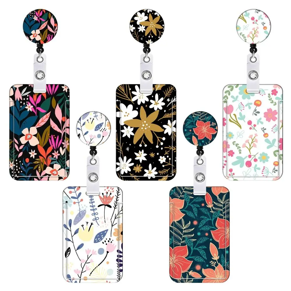 360 Degree Rotatable Working Cards Holder Flower 5 Colors Flower Print Badge Holder Necklace Strap Vertical