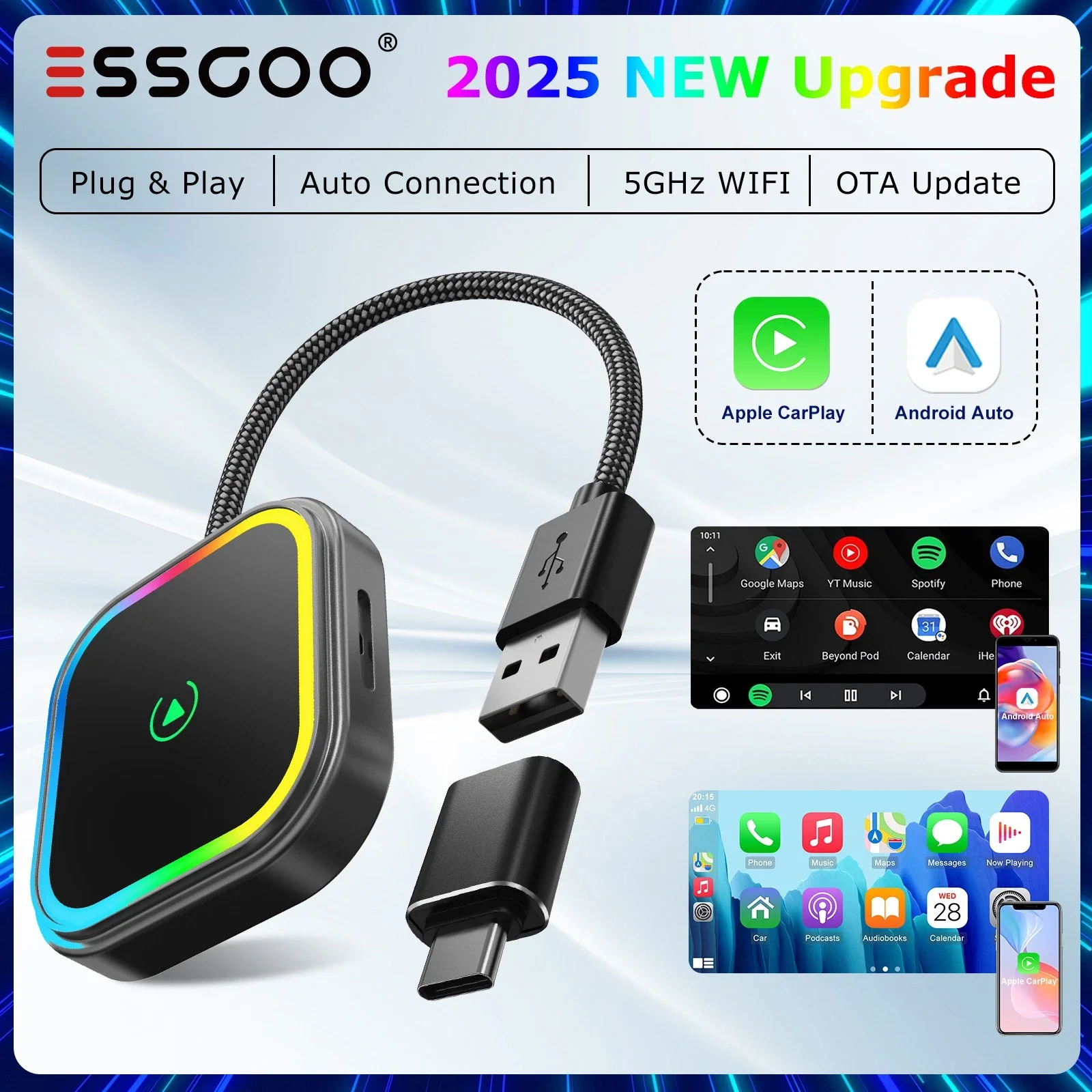 

ESSGOO 2026 USB For Wireless CarPlay Android Auto Adapter Type-C WIFI Dongle Plug And Play RGB LED Bluetooth SWC Touchscreen