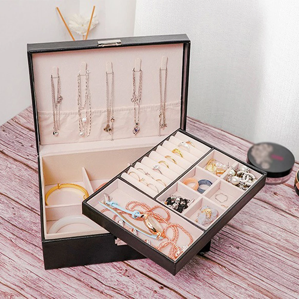 Double-layer Jewelry Box Ring Box Necklace Earring Boxes Packaging with PU Leather Jewelry Storage Organizer Home and Travel
