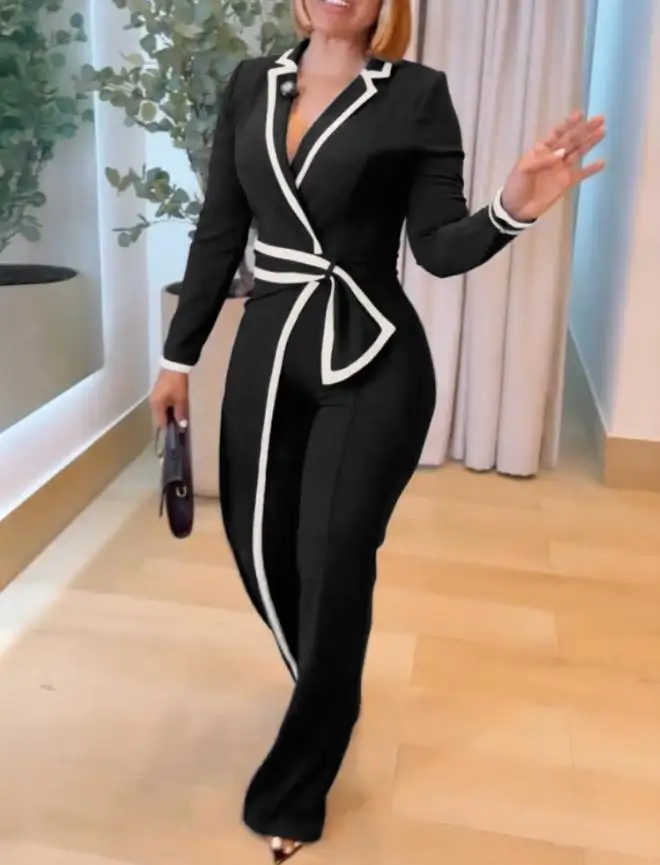 Jumpsuit Women 2025 New Notched Collar Long Sleeve Button Front Jumpsuit Casual Cinched Waist Wide Leg Faux Two-Piece Jumpsuit