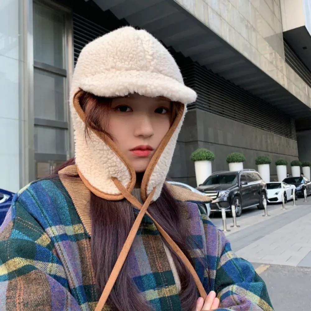 

Lamb Wool Girls Bomber Cap Solid Color Ear Protection Windproof Trapper Hat Thick Warm Bib Hat Outdoor Ski