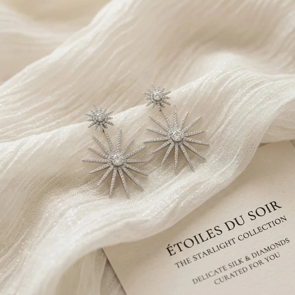 925 Sterling Silver Double Starburst D VVS1 Moissanite Dangle Earrings Two Star Long Drop Sparkling Women Evening Fine Jewelry