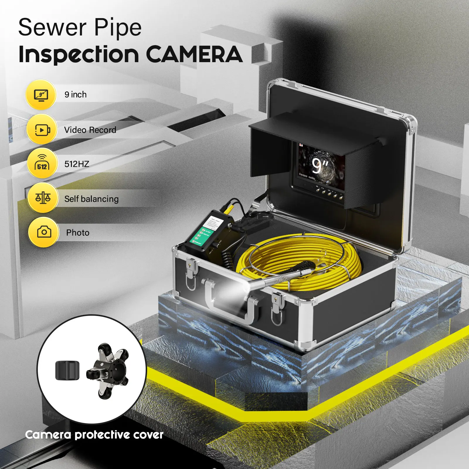 9" IPS Sewer Auto Self Leveling 512Hz Transmitter 30M Cable Drain Pipeline Endoscope Cam view 2