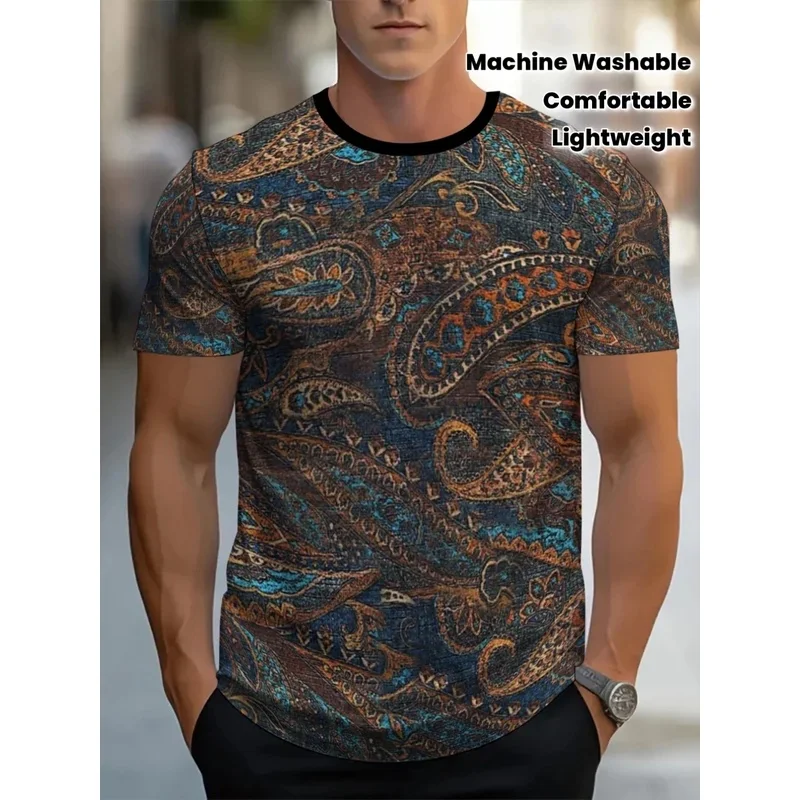 Men's Vintage Brown Green Paisley Floral Print Short Sleeve Crew Neck T-Shirt