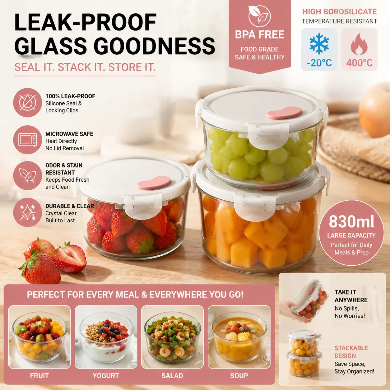 Meal Prep Glass Containers Oven Safe - High Borosilicate Glass Food Storage Container