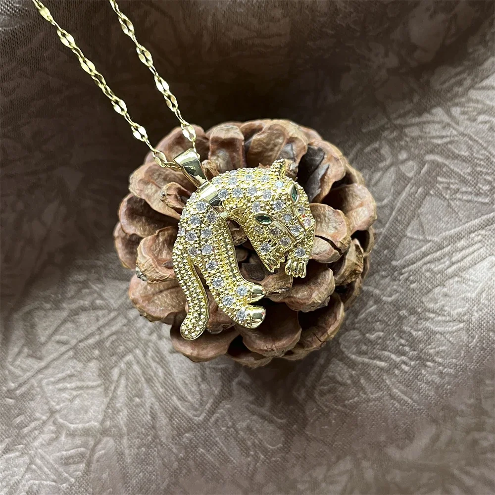 Hip Hop Leopard Stainless Steel Chain Necklace Personality Zircon Filled Titanium Steel Leopard Animal Jewelry For Women