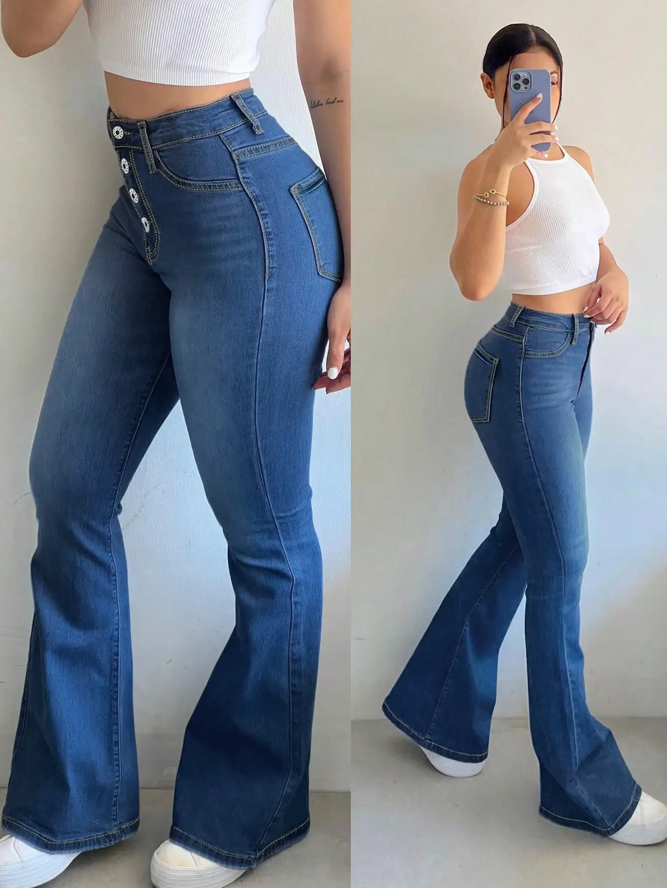 

Женские джинсы-клеш с высокой талией и пуговицами спереди, из эластичного денима, в ретро-стиле для повседневной носки