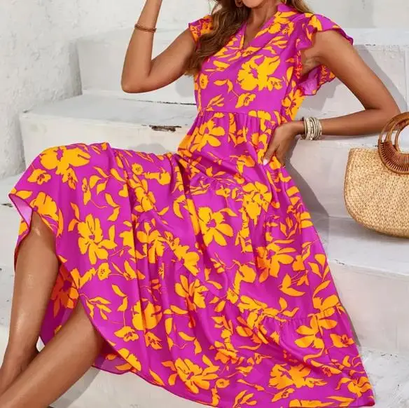 Nuovo abito estivo a trapezio casual con stampa floreale con scollo a V per donna, abito senza maniche a vita alta ampio alla moda ed elegante