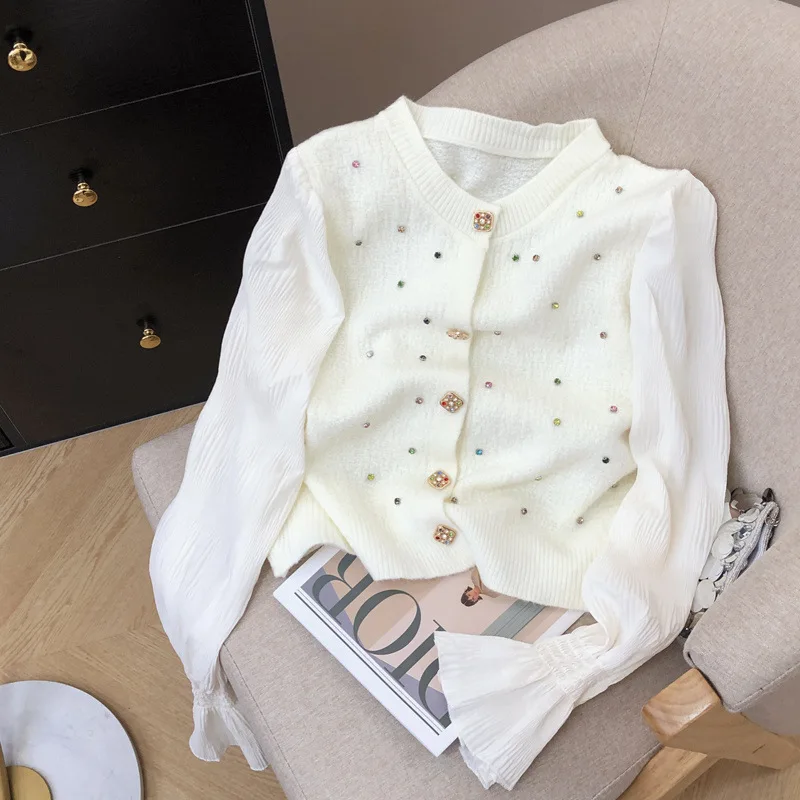 

Весенний сверкающий 3D маленький свитер с ромбовидными бусинами, женская вязаная рубашка с рукавами, модный универсальный топ