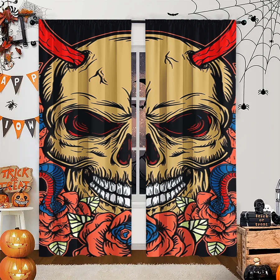 2PCS Digital Print Curtain, Demon Horn Skull Snake Rose Tattoo, Gothic Rock Punk for Living Room Bedroom Kitchen Decor