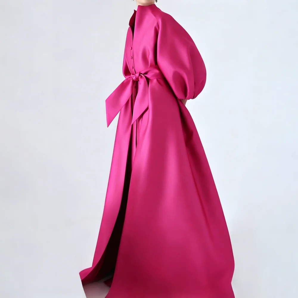Customized Fuchsia Mother Of Bride Dresses Puff Sleeve Belt Big Bow High Slit Satin A Line Floor Length Wedding Guest Gown