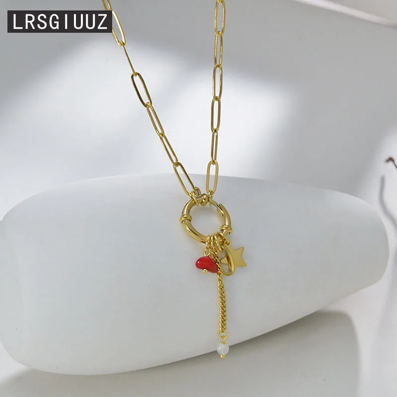 European Fashion Stainless Steel Ot Button Star Necklace For Girls French Vintage Turquoise Tassel Clavicle Chain For Women