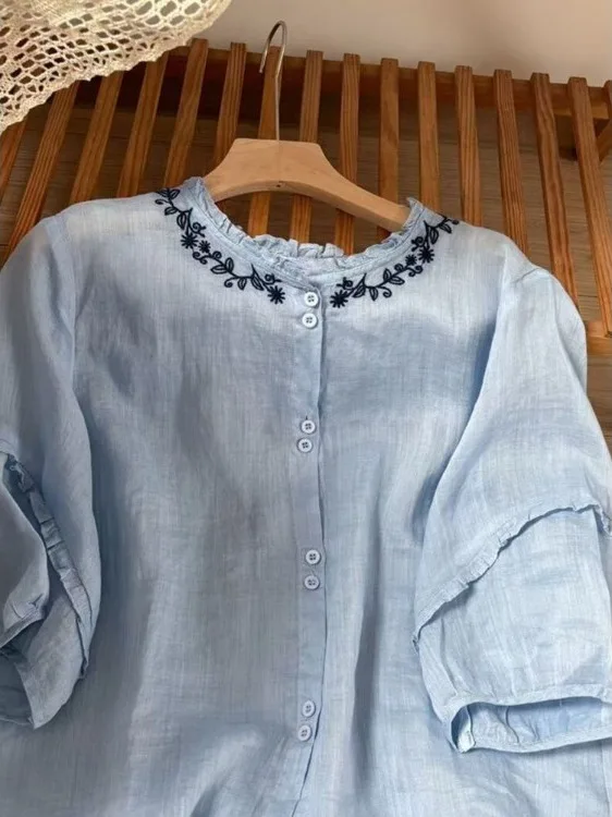 

Artistic Sle Blue Embroidered Lace Trim Flax irt Summer 2025 Women's Clothing Loose Fit Regular Sve Length Button Closure
