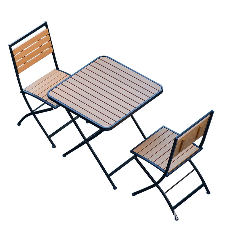 

Open-air folding plastic wood table and chair combination courtyard leisure three-piece set camping site outside pendulum