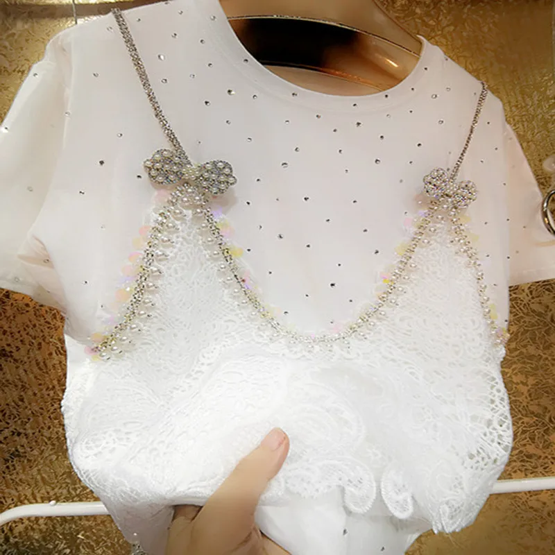 Shiny Rhinestone Pearl Heavy Industry Beading Fake Two Three-Dimensional Sling Bow Pure Cotton T-Shirt Women Tees Tops q145