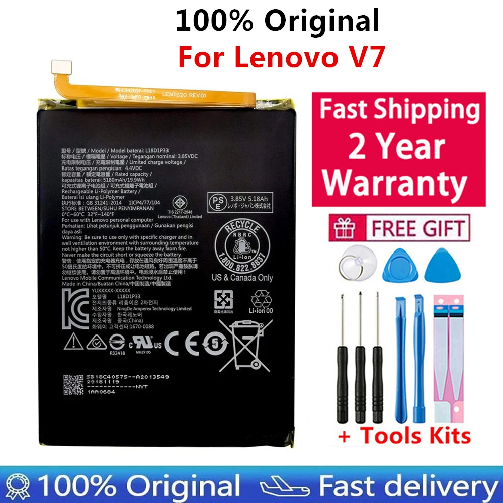 

100% New Original New 5180mAh L18D1P33 Battery For Lenovo V7 Rechargeable Li-ion Built-in Tablet Battery Fast Shipping +Tools