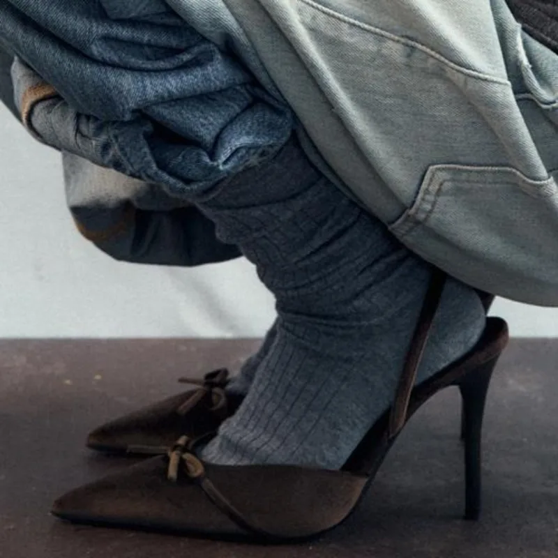 مثير أشار تو القوس عالية الكعب النساء موضة Slingback كعب رقيقة أحذية مصممين عالية الجودة فستان ستان أحذية Zapatos De Mujer