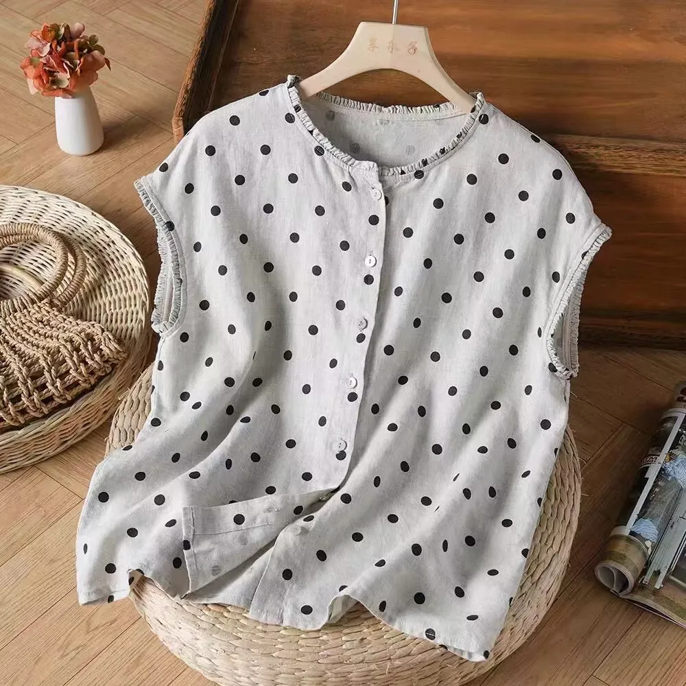 

Рубашка без рукавов из хлопка и льна, летняя модная повседневная женская рубашка с принтом в горошек, топ Blusas