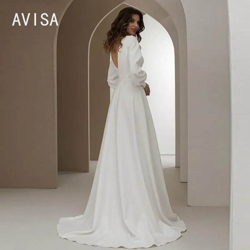 Vestidos de novia sencillos con abertura alta para mujer, vestidos de novia de manga larga, espalda abierta, 2024