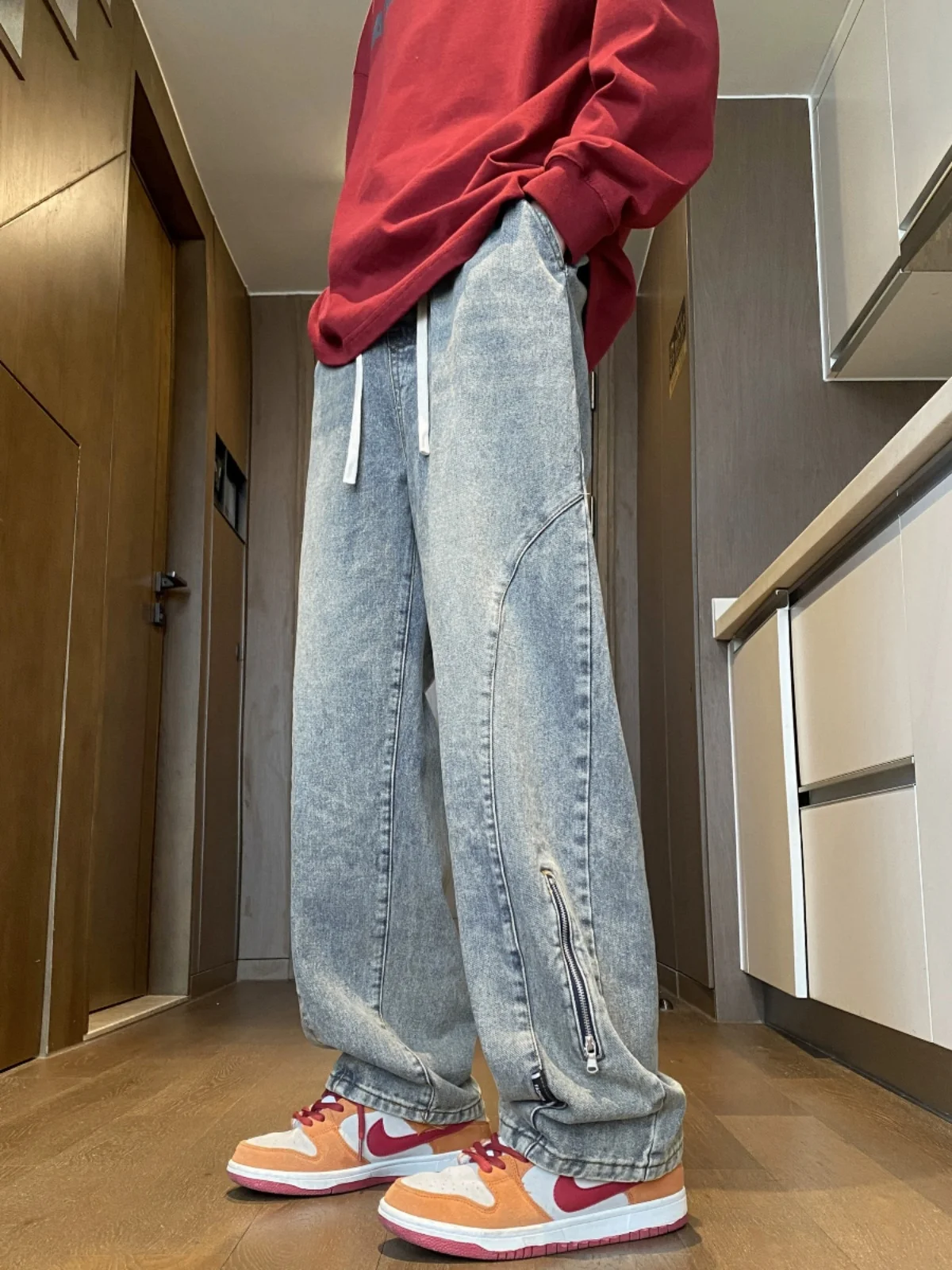 

Men's Loose Wide Leg Jeans Spring Autumn American Retro Vibe Bell Bot New 2024 Casual Straight Cut Trousers for Teens