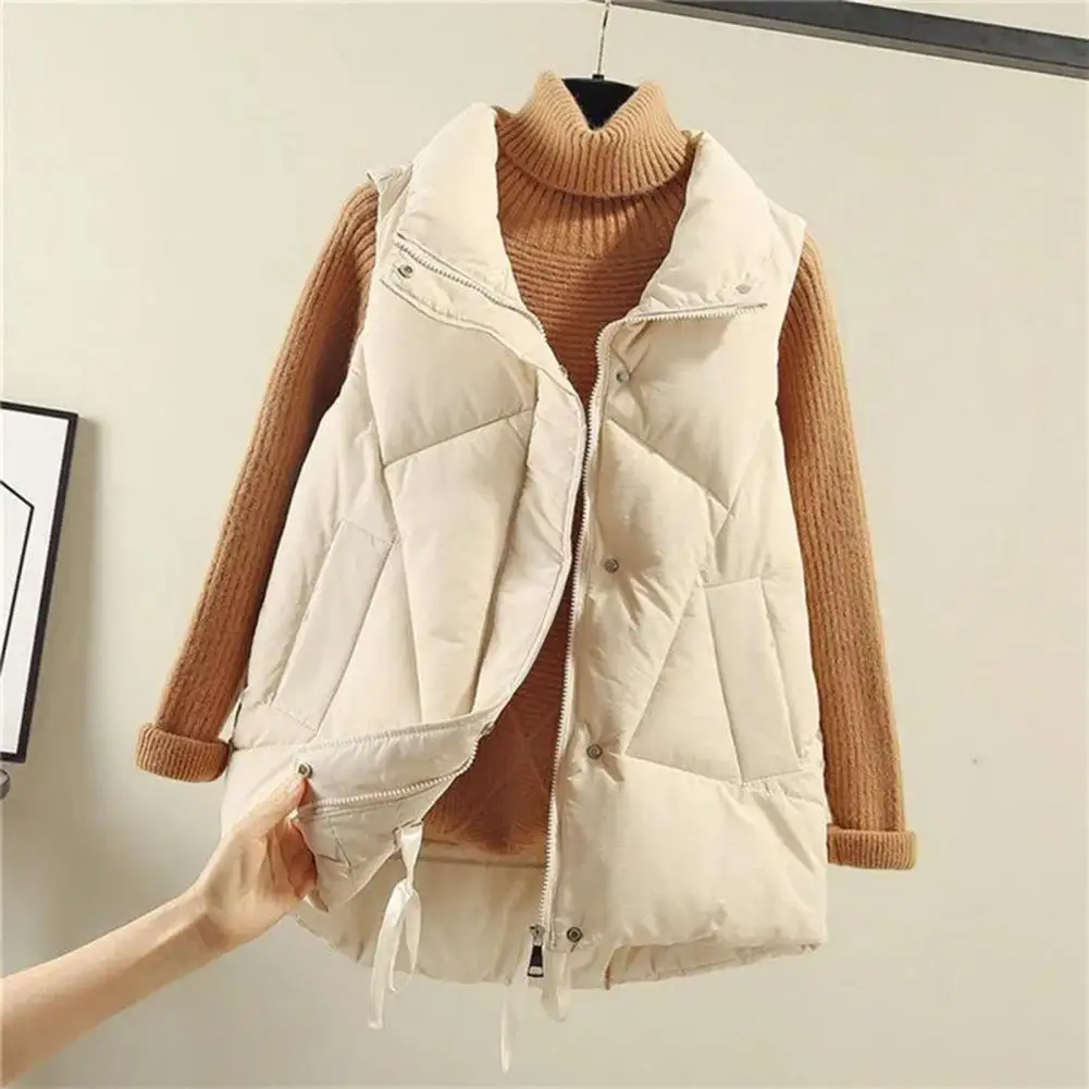 

Autumn Winter Women Waistcoat Lapel Collar Zippered Pockets Lady Vest Jacket Solid Color Cotton Padded Sleeveless Female Coat