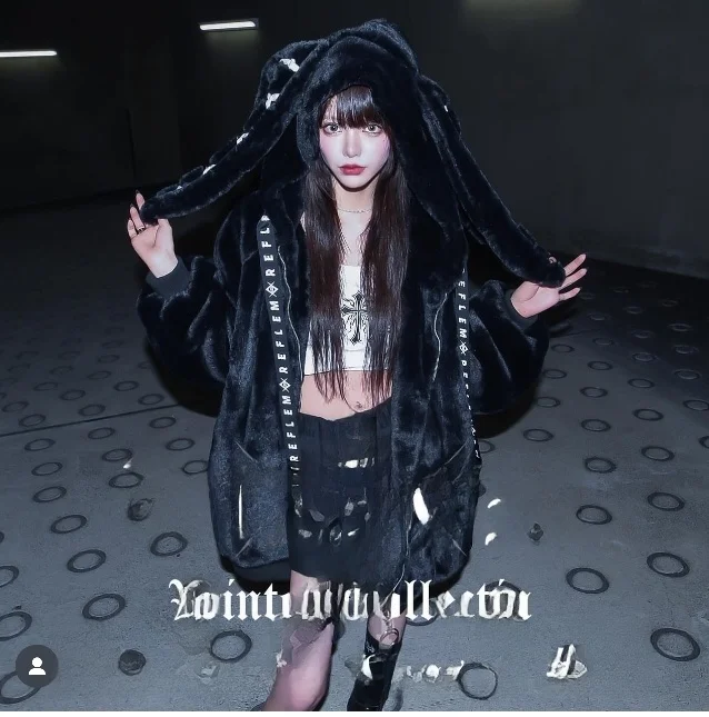 Harajuku Sle Kaninchen Ohr Faux Pelz Jaet Mittellange Winter Mantel Punk Zähler-kultur frauen ort Oberbekleidung Mantel