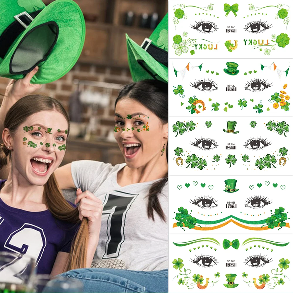 10Pcs St. Patrick's Day Face Temporary Tattoos, Green Clover Lucky Theme Designs Green Hats, Beer, Art Deco Fake Tattoo Stickers