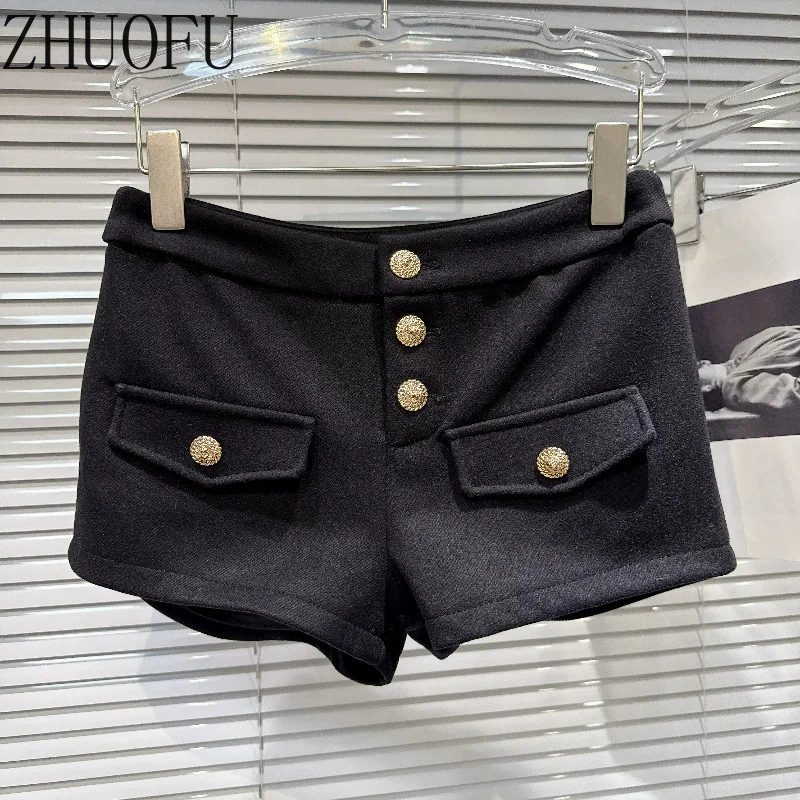 Hot Girls Metal Button Woolen Women's Shorts Sweet Cool Fashion Solid Color Low Waist Design Versatile Women's Clothing New