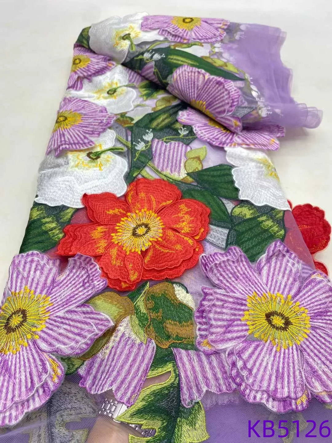 5 Yards 3D Flower Lace Fabrics African Lace Fabrics 2025 High Quality Nigerian Purple Lilac Tulle Lace Fabric For Sewing KB5126