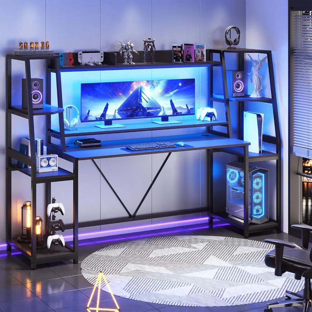 

Gaming Desk 78.8'' with LED Lights, Hutch and Storage Shelves, Computer Desk with Monitor Stand, Large PC Gamer Desk Work