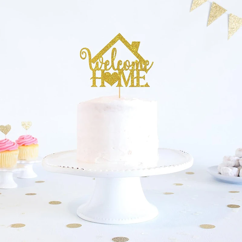 1pc Golden Welcome Home Cake Decoration - Family Party Decoration - New Home/Military Retired/Maternity Return Party Decoration