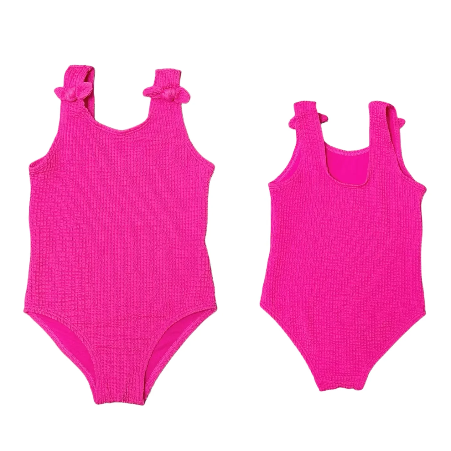 

Ярко-розовый текстурированный слитный купальник для девочек с бантом на бретельках для пляжа и бассейна