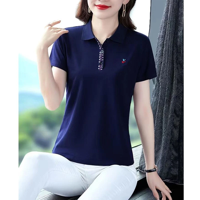 Women\'s Clothing 2024 New Summer Korean Fashion Embroidery Loose Tees Short Sleeve Polo Collar T-shirts Female Casual Solid Tops