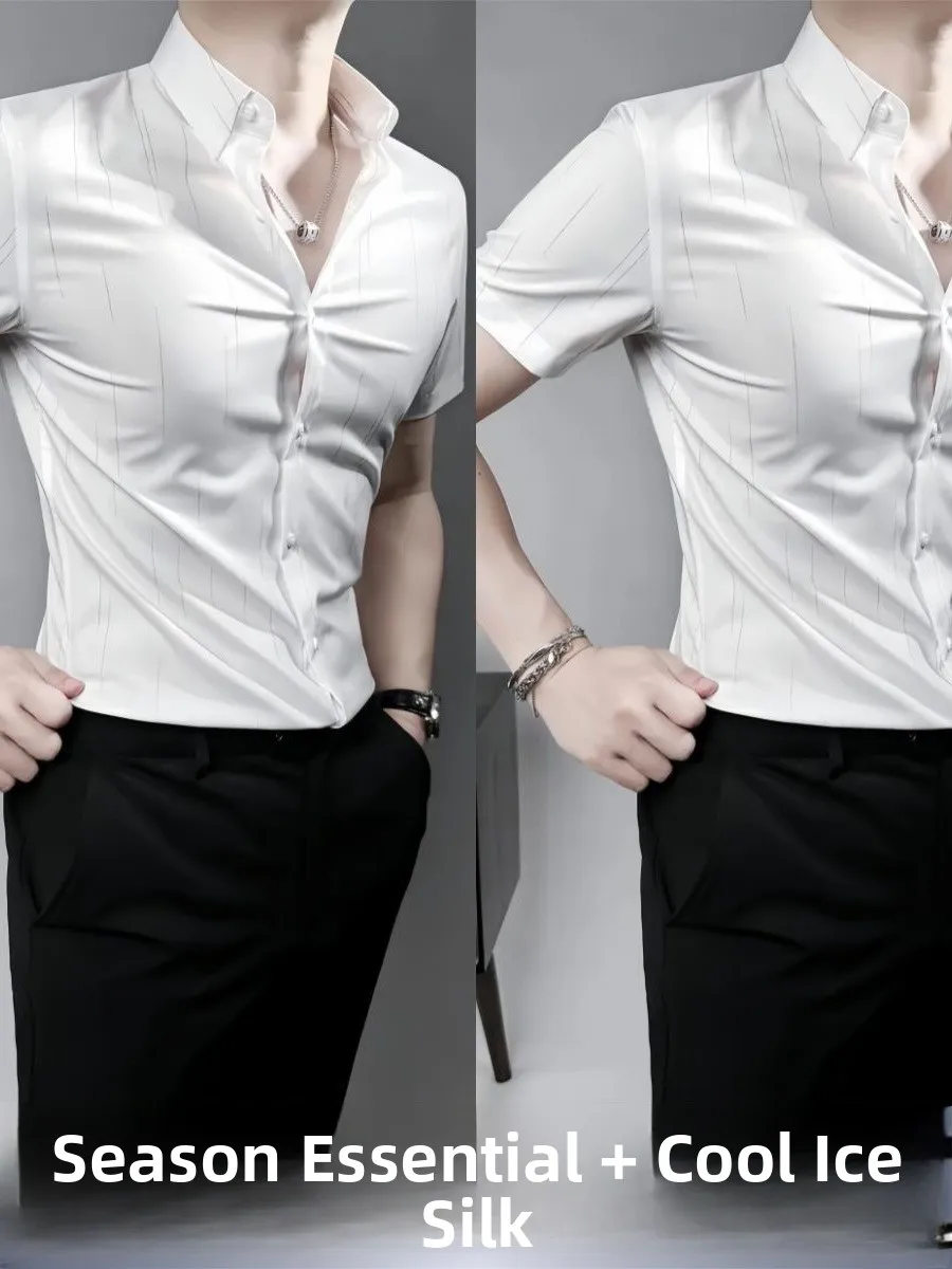 

Business Casual Slim Fit Ice Silk Shirt Men's Short Sleeve No Ironing Summer Trendy Breathable Lightweight Regular Length