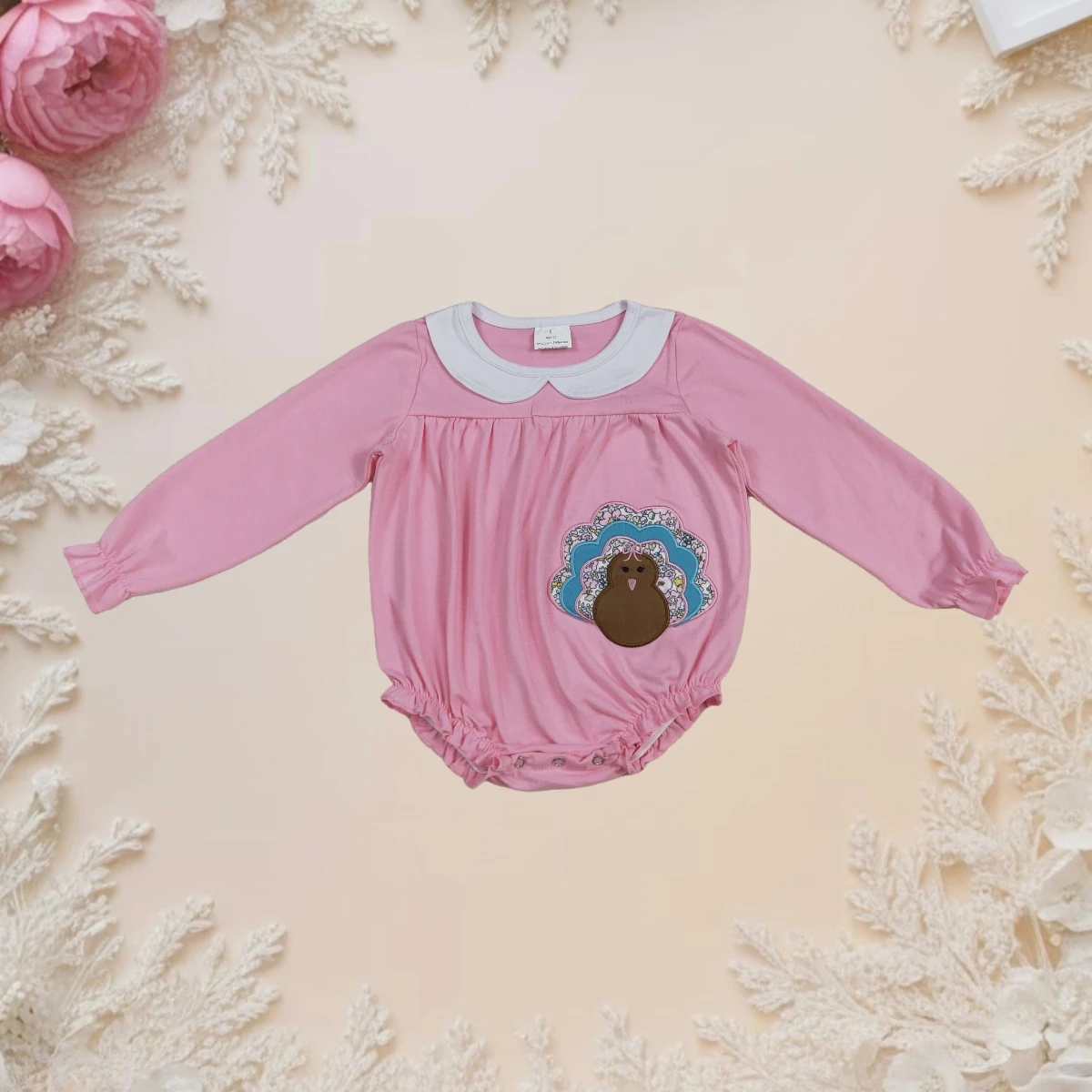 

Newborn Baby Girl Long Sleeve Bubble Rompers Doll Collar Cozy Cute Kids Toddler Embroidery Turkey Playsuit Child Ruffle Jumpsuit