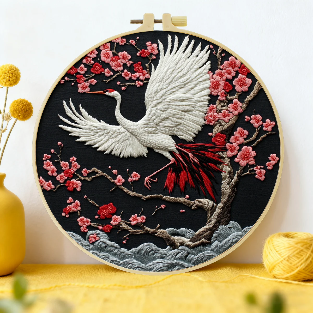 1 Stück 20X20CM/15X15CM 7,87/6,3 Zoll Kraniche und rote Pflaumenblüten Stickerei-Starter-Kit DIY-Kit DIY-Stickerei-Kit Handarbeiten – Detail 1