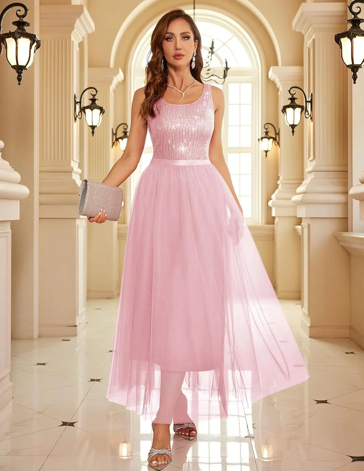 スパンコールドレス女性のためのヴィンテージ A ライン結婚式フォーマルスイングメッシュドレスノースリーブカクテルマキシドレス