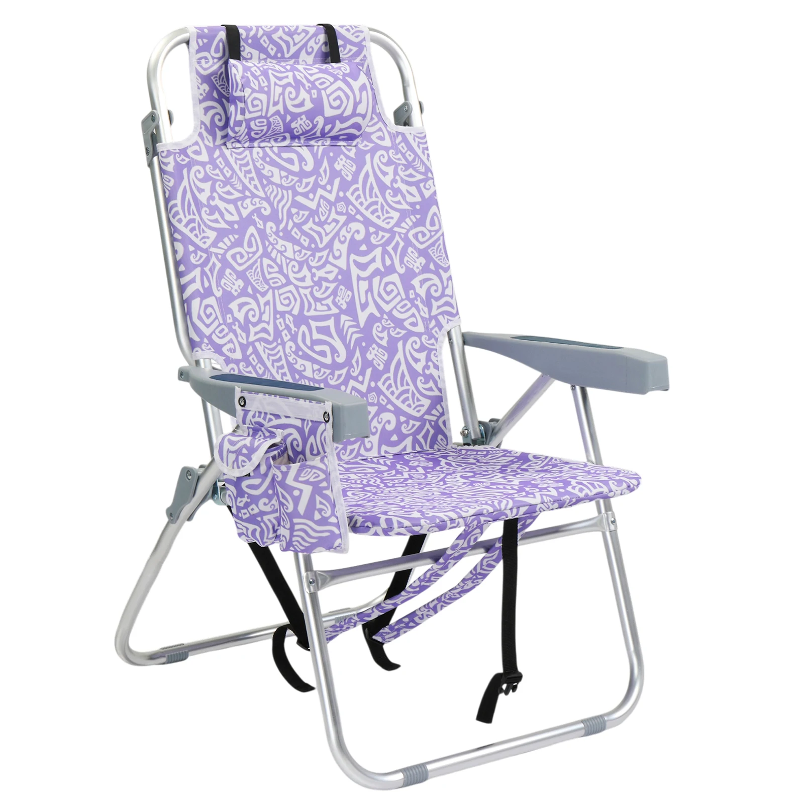 

5-Position Adjustable Aluminum Beach Chair Purple Tribal Pattern with Headrest Cooler Bag Cup Holder 120KG Capacity