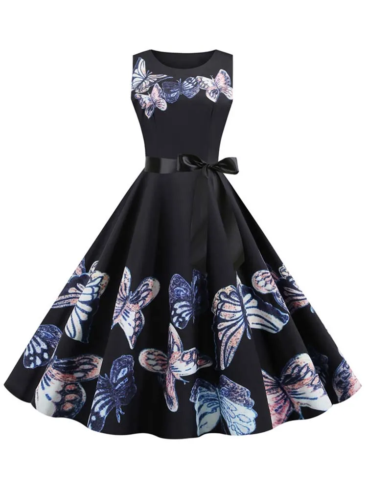 black 1950s butterfly swing dress Vintage Elegant Lace Floral 1950s Swing Dress V Neck