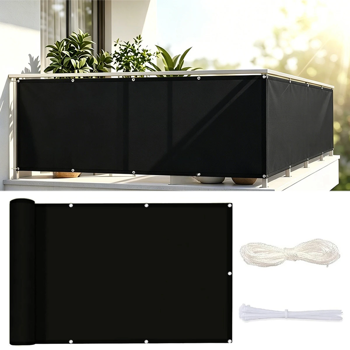 Opaque Privacy Fence, Waterproof Balcony Privacy Screen Protector - For Apartment Railings, Outdoor Patios, UV Protection (Black