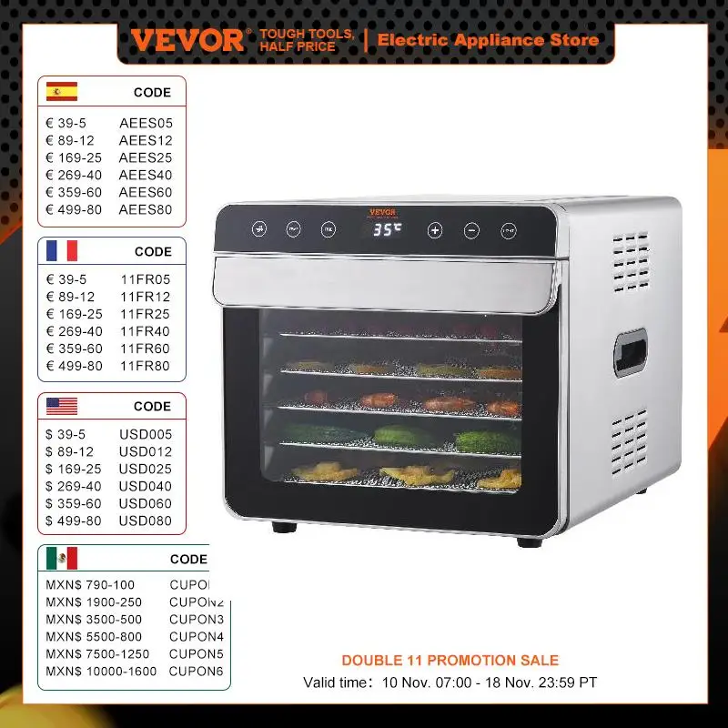 

VEVOR 6 Trays Food Dehydrator Machine 700W Stainless Steel Electric Food Dryer w/ Digital Adjustable Timer & Temperature