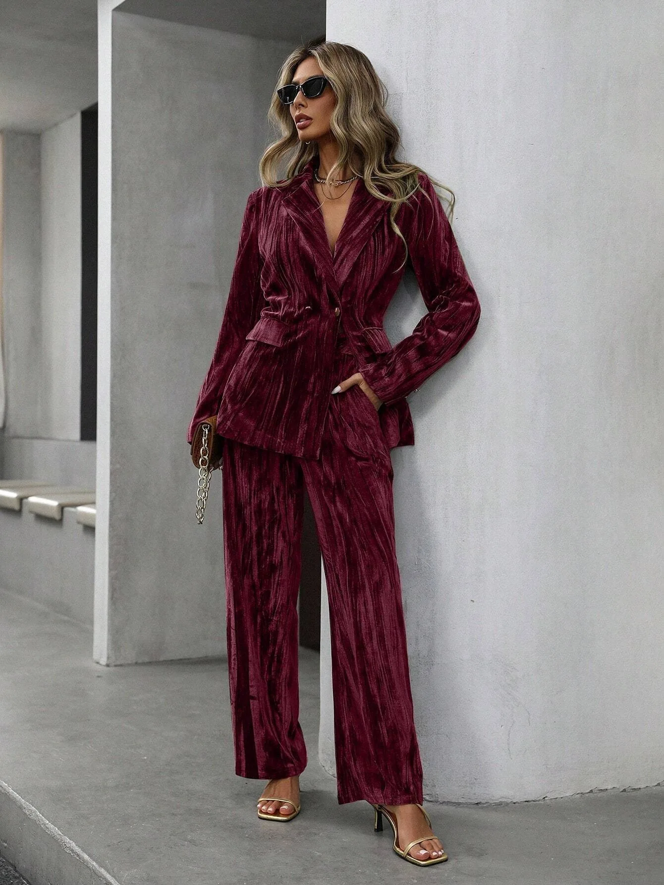 

Retro Velvet Fashion Pant Sets 2 Pieces Long Sleeve Blazer Jacket and Wide Leg Pants 2026 Chic Loose Trouser Suits Women Outfits