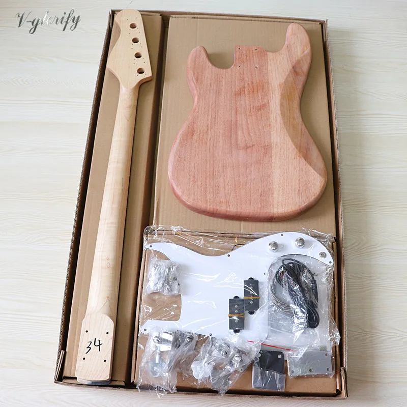 PB Electric Bass Guitar Kit Guitar Neck & Guitar Body 21 Frets Unfinished Maple Neck Okoume Wood Body with All Bass Guitar Parts