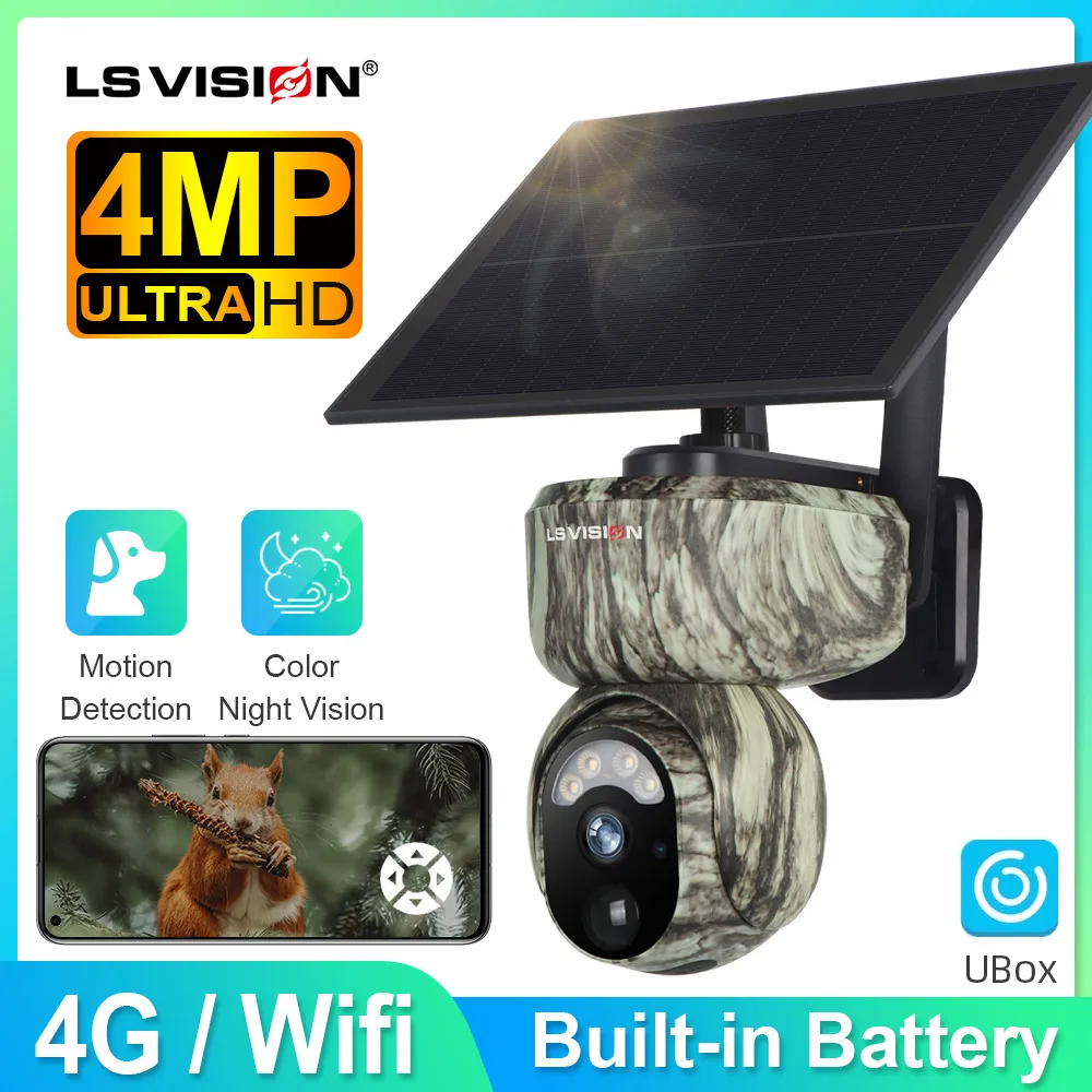LS VISION 2K WIFI Solar Security Cameras Wireless Outdoor 360° Live View Animal Monitoring Camouflage Color Battery PTZ Cam