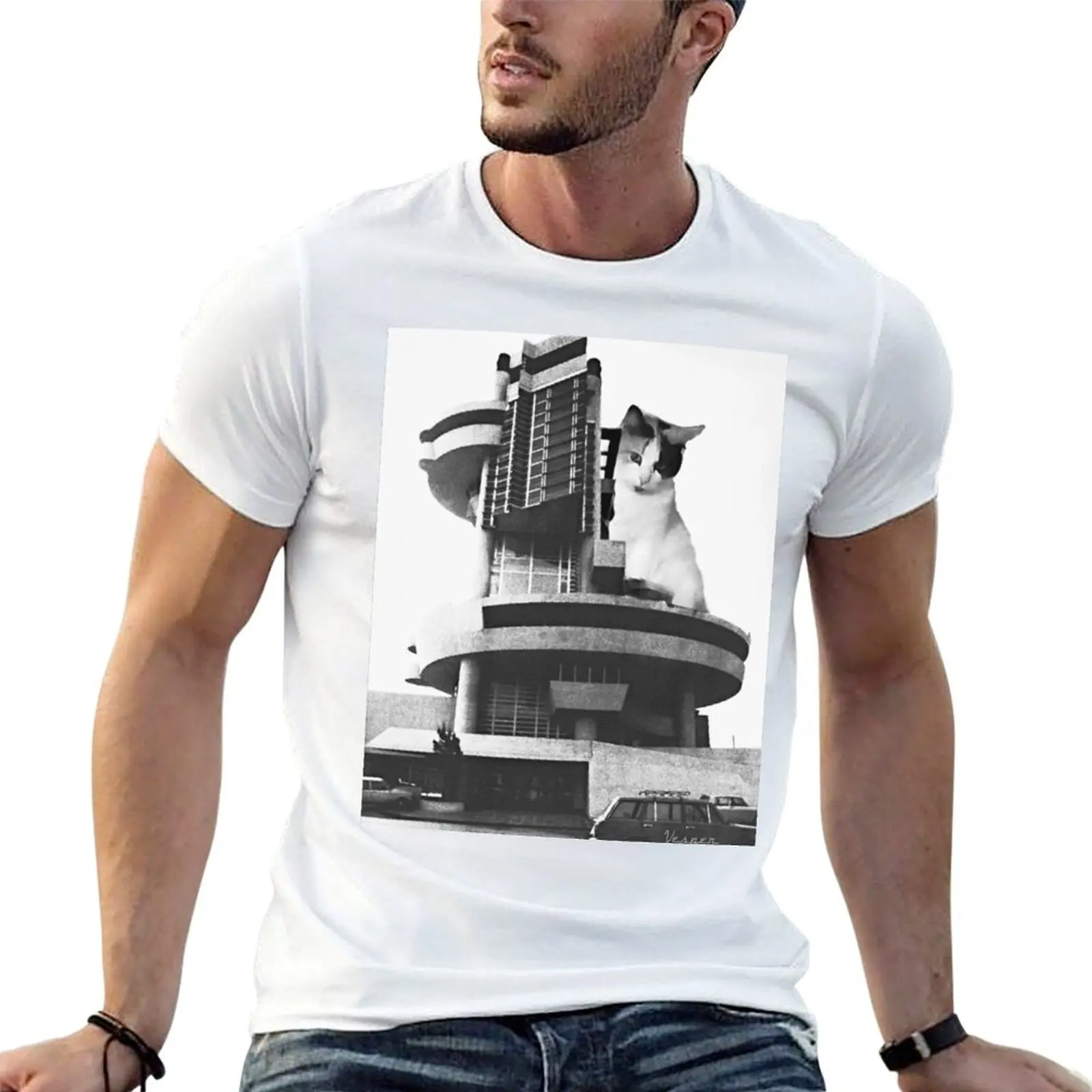 

Футболка с изображением кошек и брутиластовской архитектуры, мужские футболки с рисунком, дизайнерская футболка