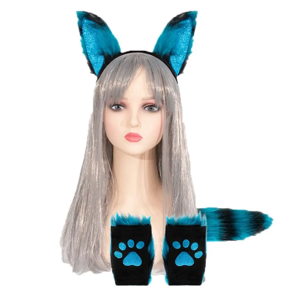 Sweet Cat Woman Cat Ears Headband Set Plush Lolita Cosplay Headwear Tail Costume Halloween Dress Up Party